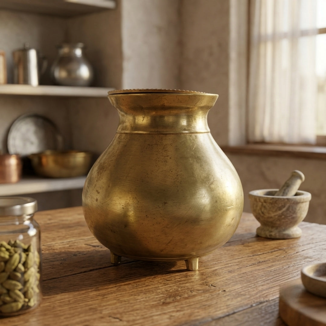 Antique Brass Kalash Water Vessel with Lid | Traditional Handcrafted Ritual Pot | Made in 1980