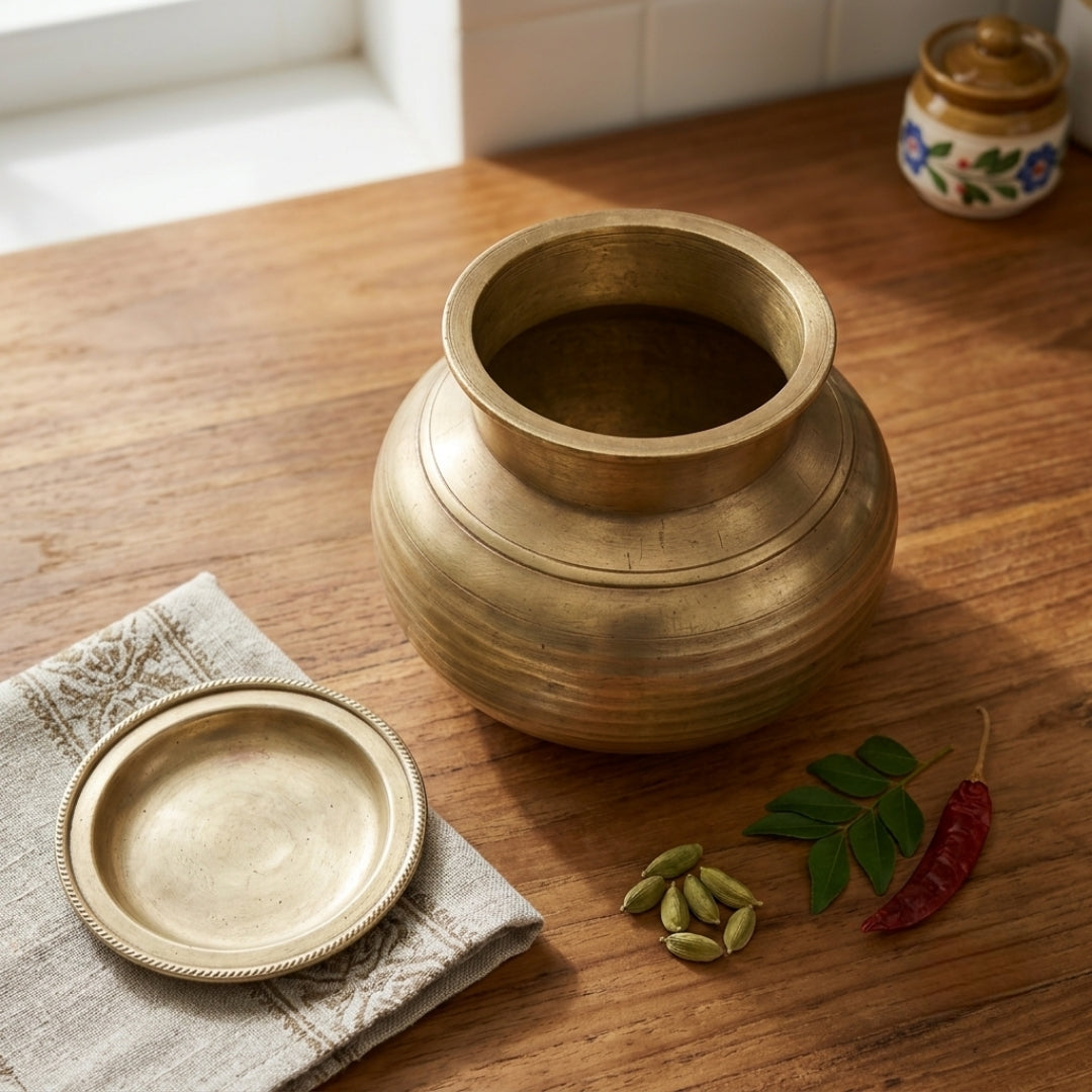 Antique Brass Kalash Water Vessel with Lid | Traditional Hand-Crafted Pot | Made in 1978