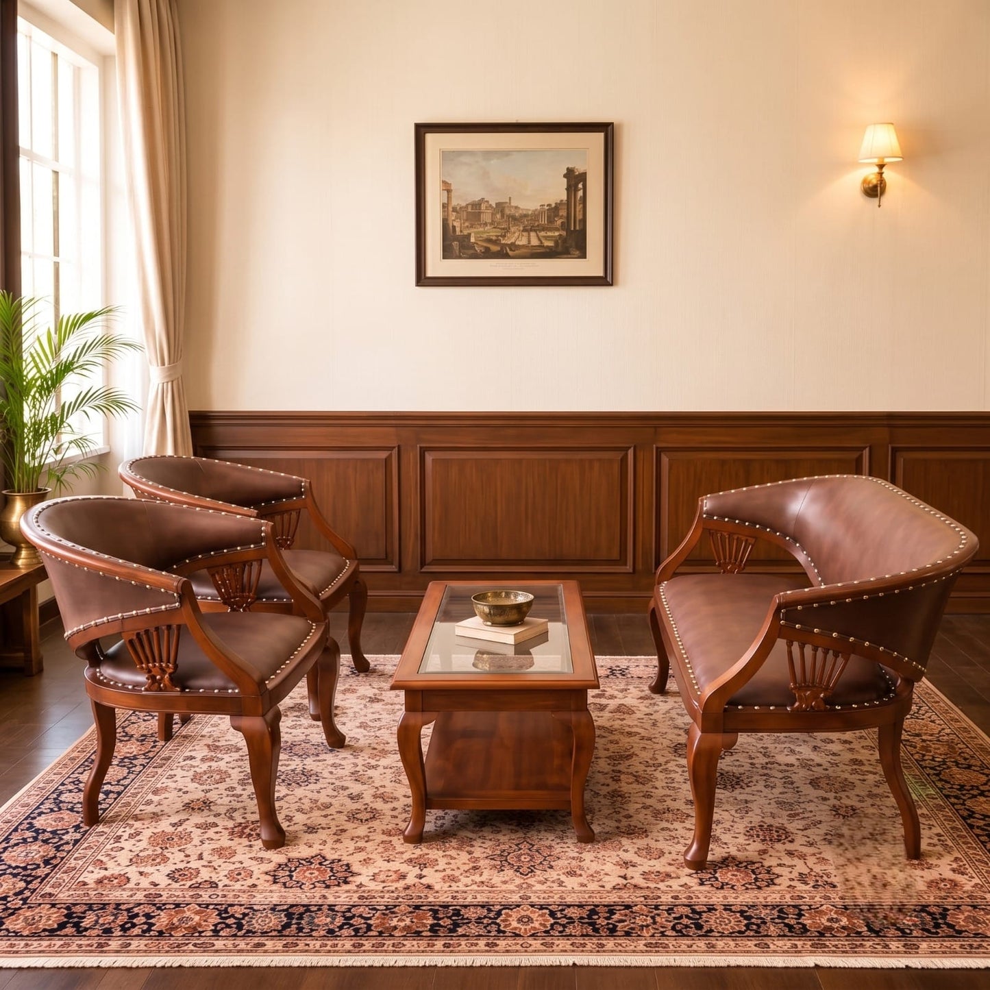 Vintage Teak Wood Living Room Furniture Set | Settee Sofa, Accent Chairs, Teapoy & Side Table | Inspired by British Colonial Design