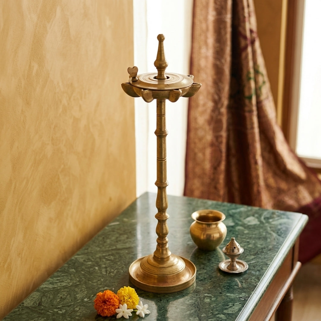 Antique Brass Samay Oil Lamp with Cap | Traditional Indian Ritual Diya | Made in 1978