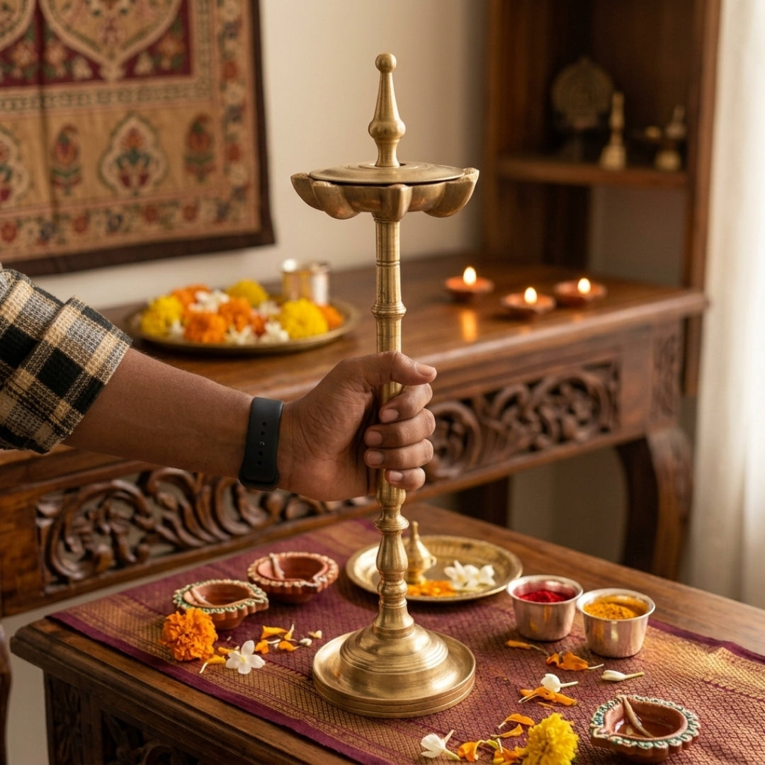 Antique Brass Samay Oil Lamp with Cap | Traditional Indian Ritual Diya | Made in 1978