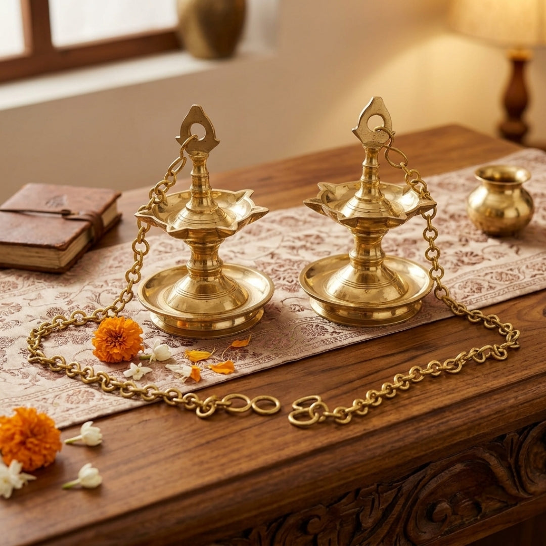 Antique Brass Hanging Laman Diya with Chain Pair | Traditional Indian Hanging Oil Lamps | Made in 1975