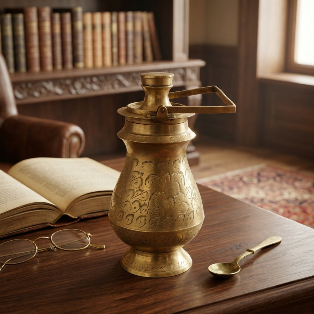 Antique Brass Engraved Water Bottle | Traditional Indian Metal Flask | Made in 1972