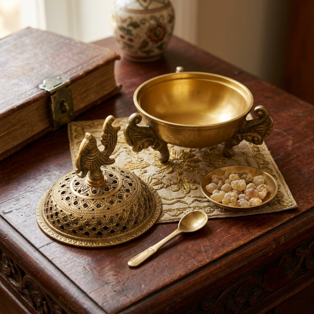 Antique Brass Peacock Dhoop Dani Incense Burner | Traditional Ritual Dhoop Holder | Made in 1979