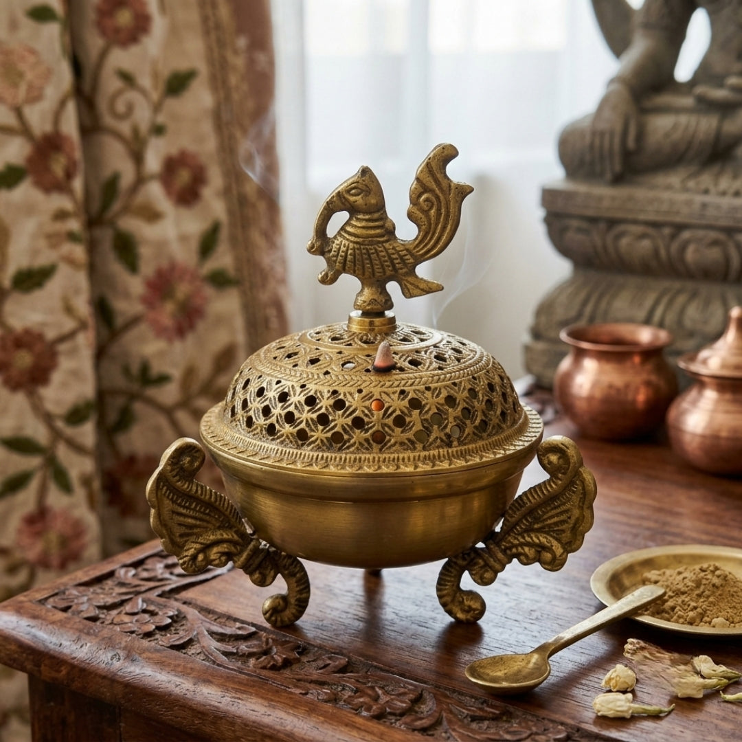 Antique Brass Peacock Dhoop Dani Incense Burner | Traditional Ritual Dhoop Holder | Made in 1979