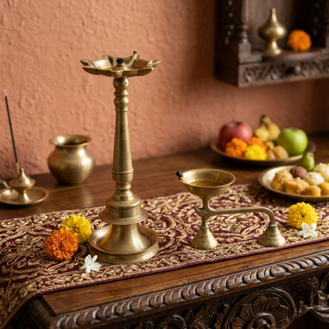 Antique Brass Samai & Handheld Diya Set | Traditional Ritual Oil Lamps | Made in 1974