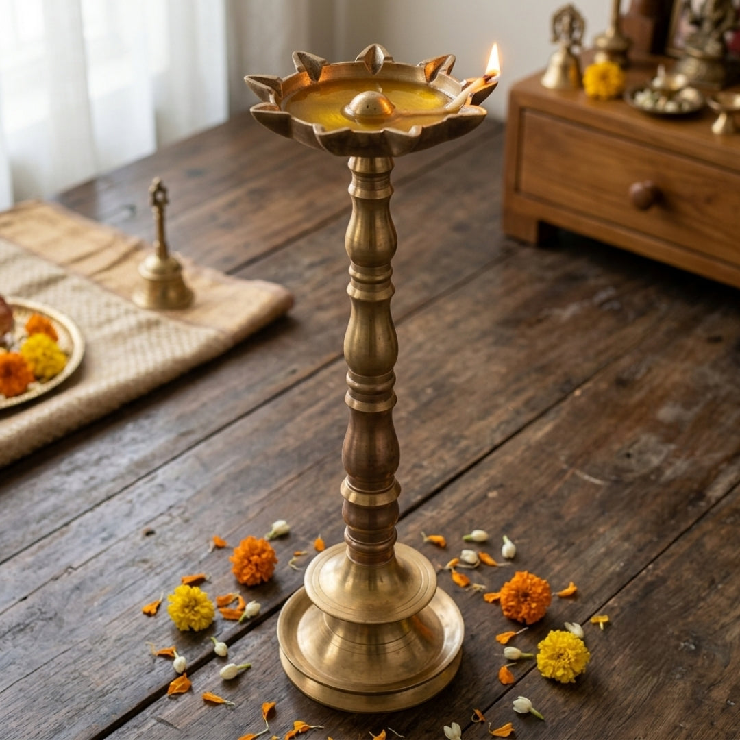 Antique Brass Tall Big Samai Stand | Traditional Pillar Ritual Oil Lamp | Made in 1974