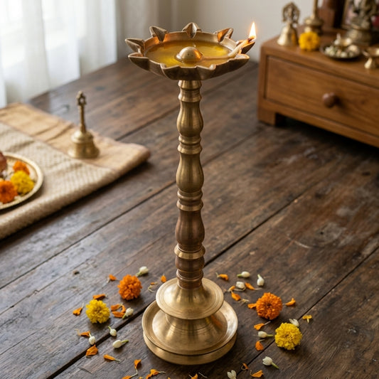 Antique Brass Tall Big Samai Stand | Traditional Pillar Ritual Oil Lamp | Made in 1974