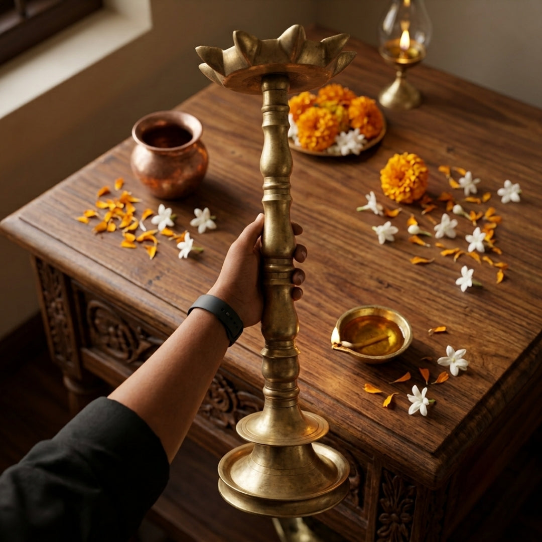 Antique Brass Tall Big Samai Stand | Traditional Pillar Ritual Oil Lamp | Made in 1974