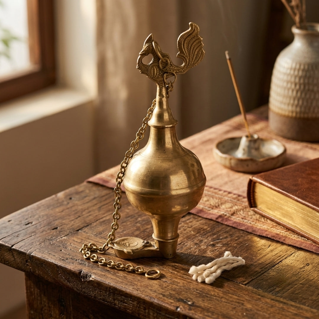Antique Brass Laman Diva | Traditional Hanging Oil Lamp Vessel | Made in 1970