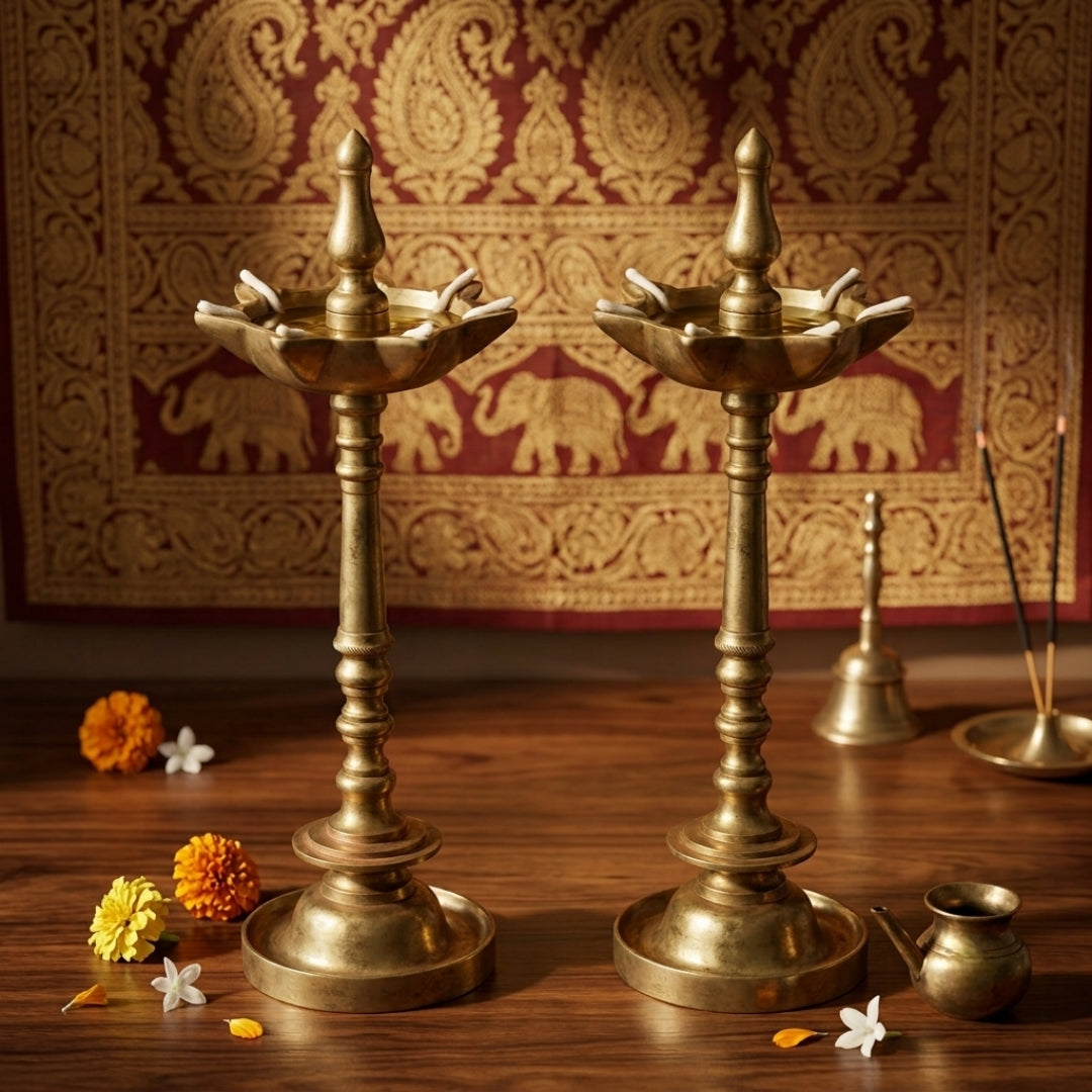 Antique Brass Samai Pair | Handcrafted Standing Oil Lamps | Made in 1977