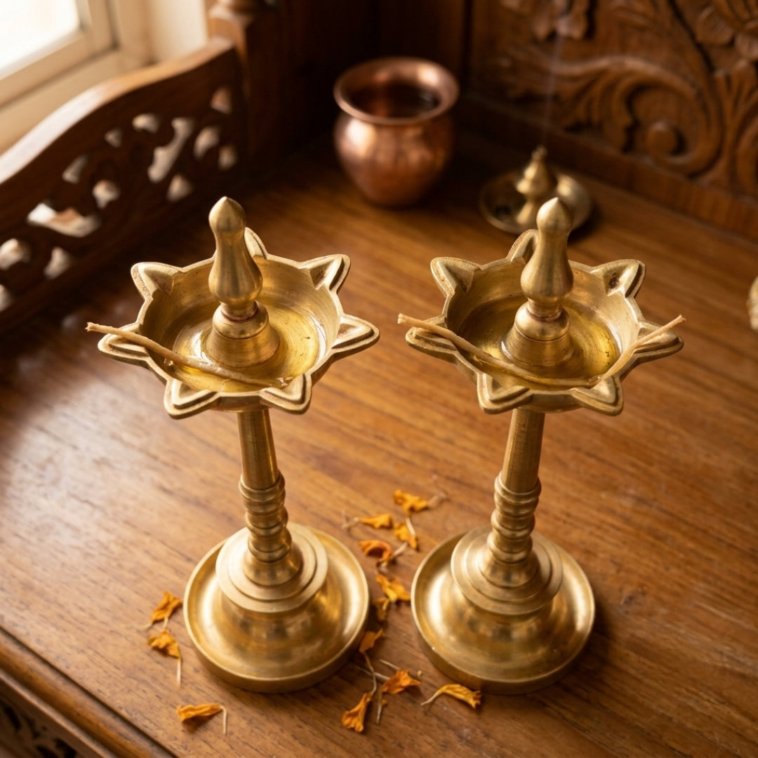 Antique Brass Samai Pair | Handcrafted Standing Oil Lamps | Made in 1977