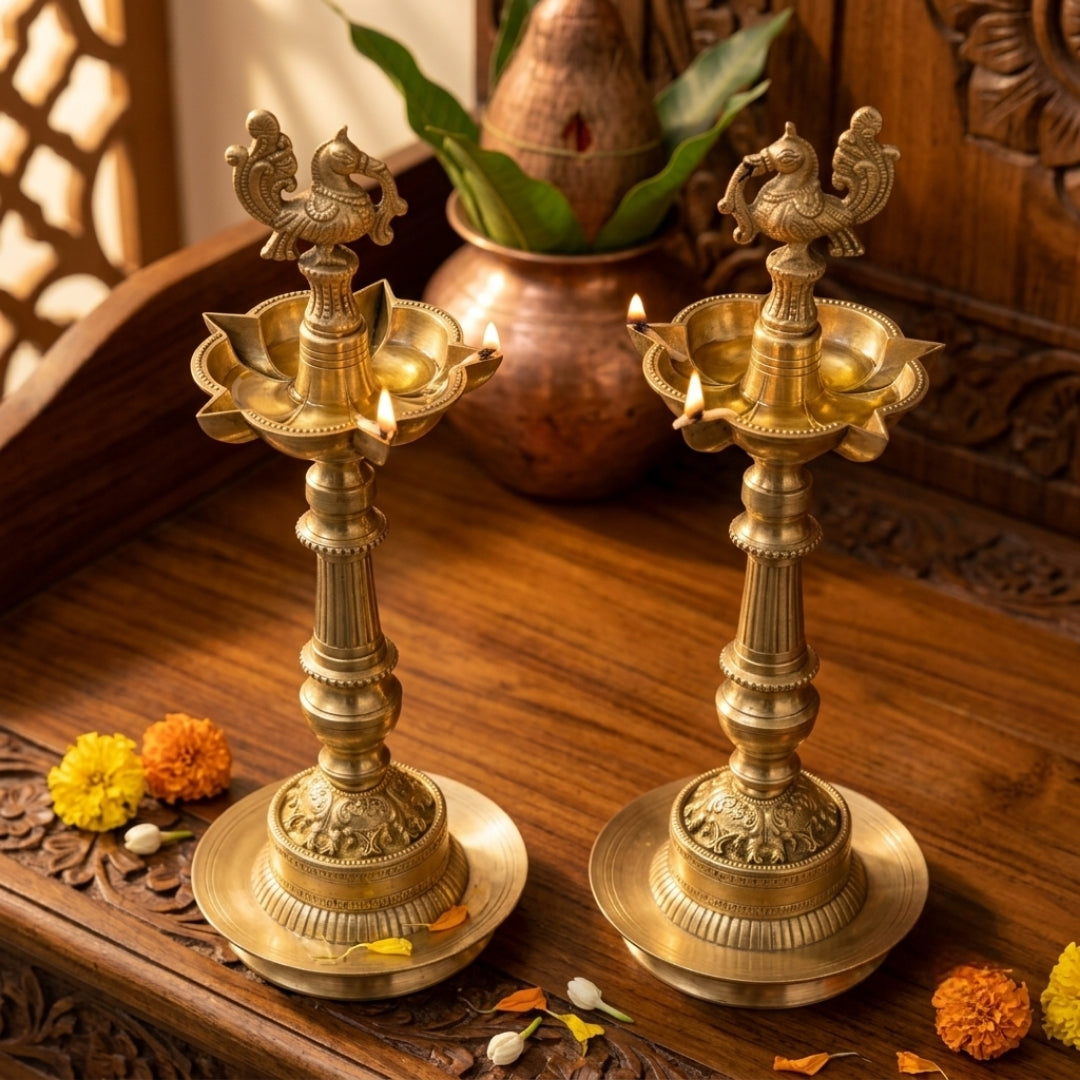 Antique Brass Engraved Samai Pair | Handcrafted Standing Oil Lamps | Made in 1969