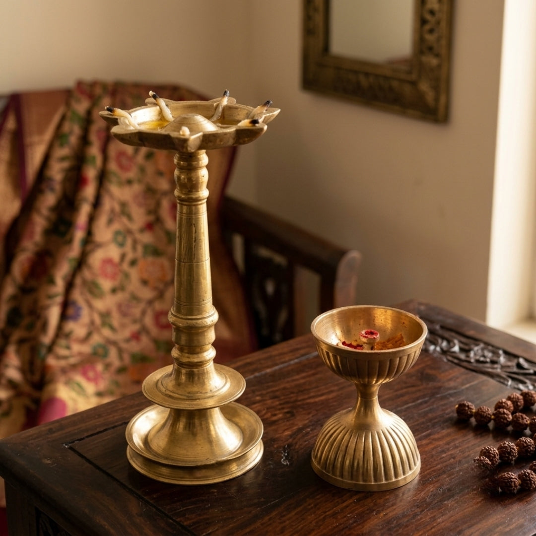 Antique Brass Standing Lamp and Pedestal Diya Pair | Handcrafted Brass Oil Lamp Set | Made in 1974
