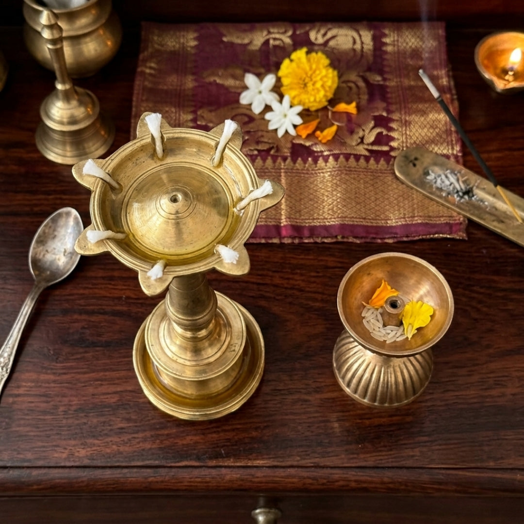 Antique Brass Standing Lamp and Pedestal Diya Pair | Handcrafted Brass Oil Lamp Set | Made in 1974