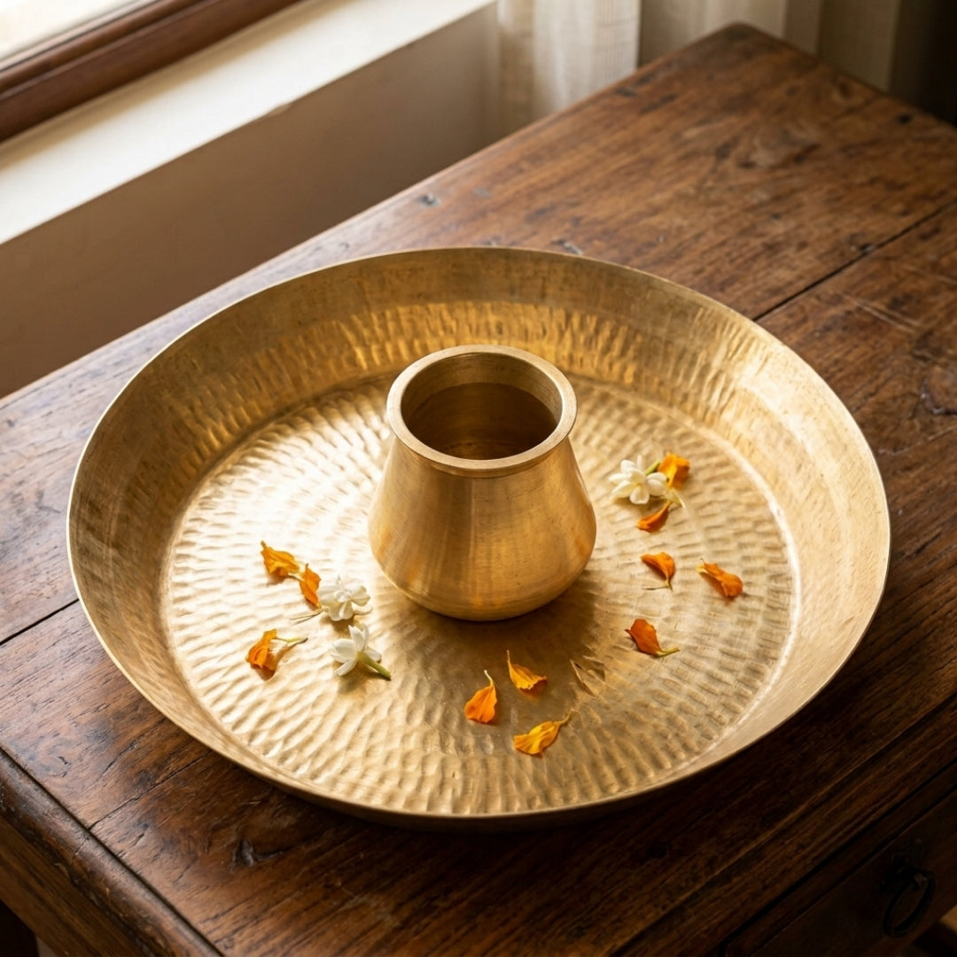 Antique Brass Parat with Central Lota | Traditional Hand-Hammered Mixing Tray Set | Made in 1975