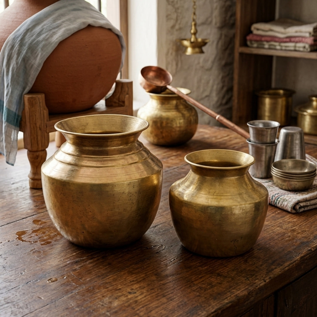 Antique Brass Kalash Pair | Traditional Handcrafted Brass Pot Set | Made in 1978