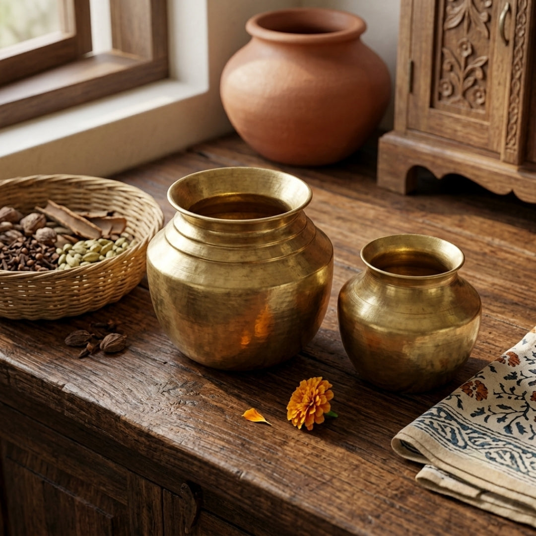Antique Brass Kalash Pair | Traditional Handcrafted Brass Pot Set | Made in 1978