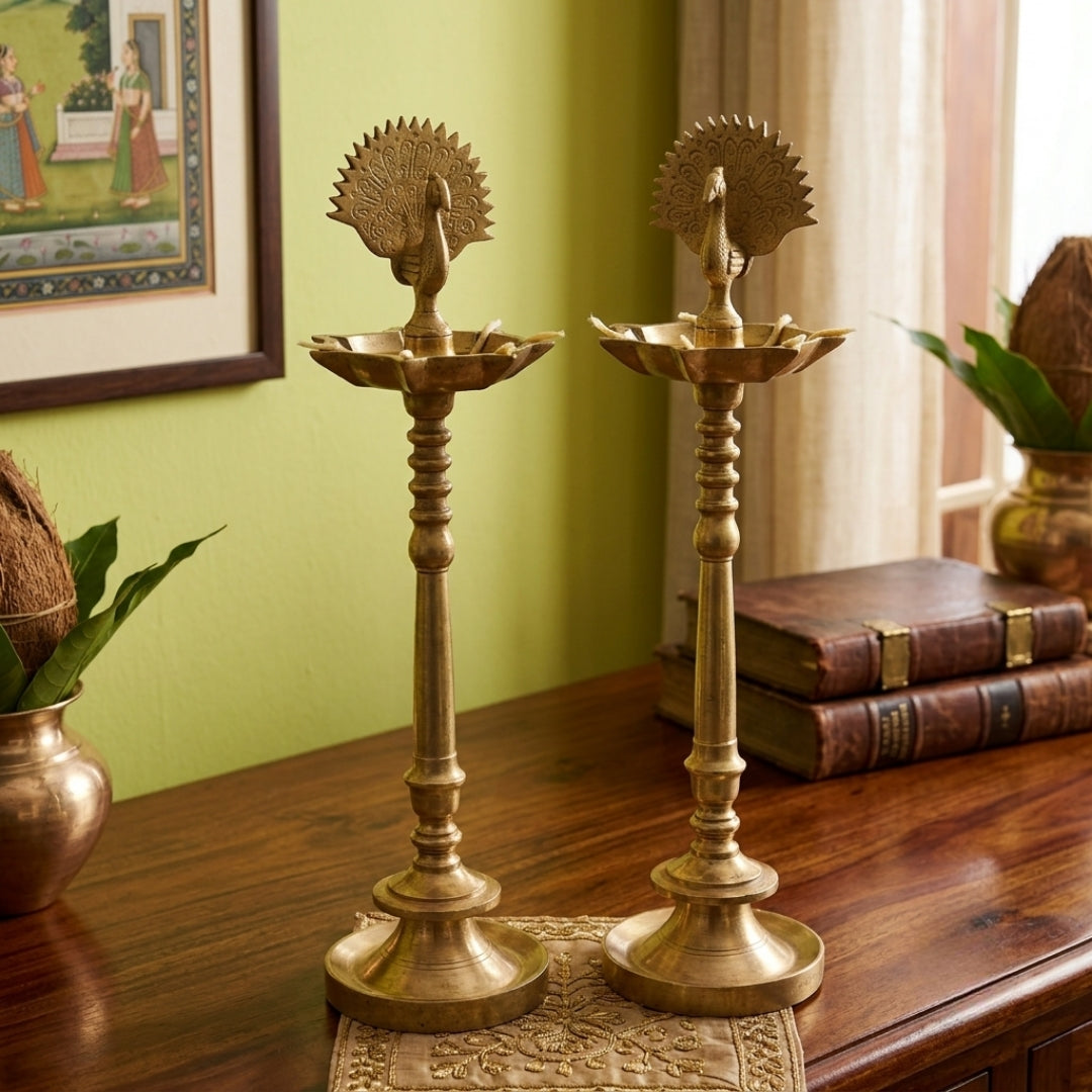 Antique Brass Heavy Peacock Samay Pair | Traditional Tall Floor Lamp Set | Made in 1977