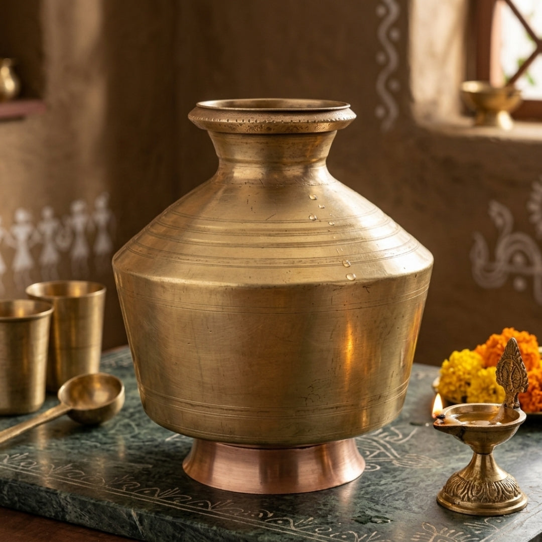 Antique Brass Kalsi with Stand and Lid | Traditional Water Matka Vessel | Made in 1979