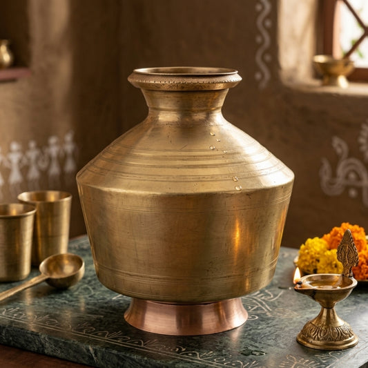 Antique Brass Kalsi with Stand and Lid | Traditional Water Matka Vessel | Made in 1979