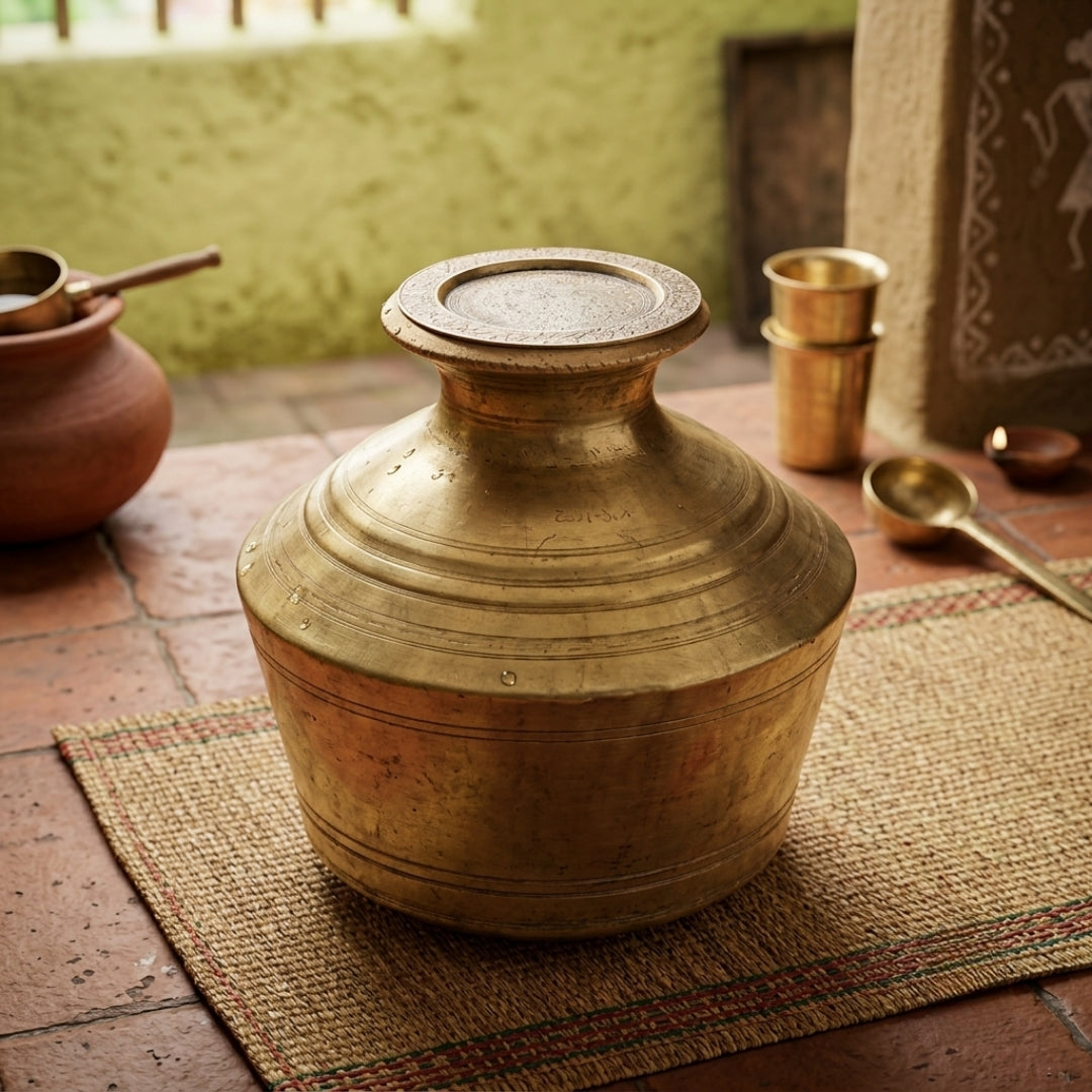 Antique Brass Kalsi with Stand and Lid | Traditional Water Matka Vessel | Made in 1979