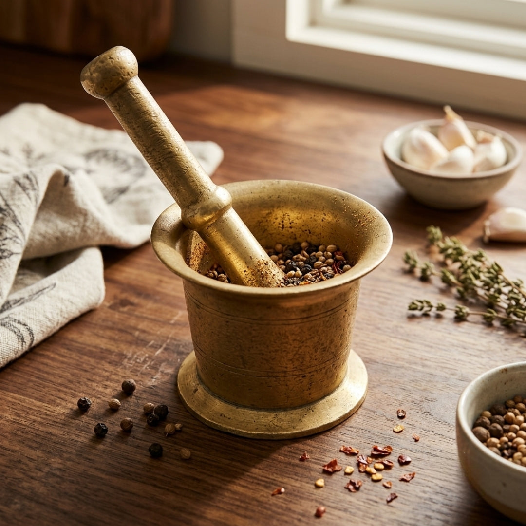 Antique Brass Heavy Khalbatta | Traditional Mortar and Pestle Set | Made in 1979