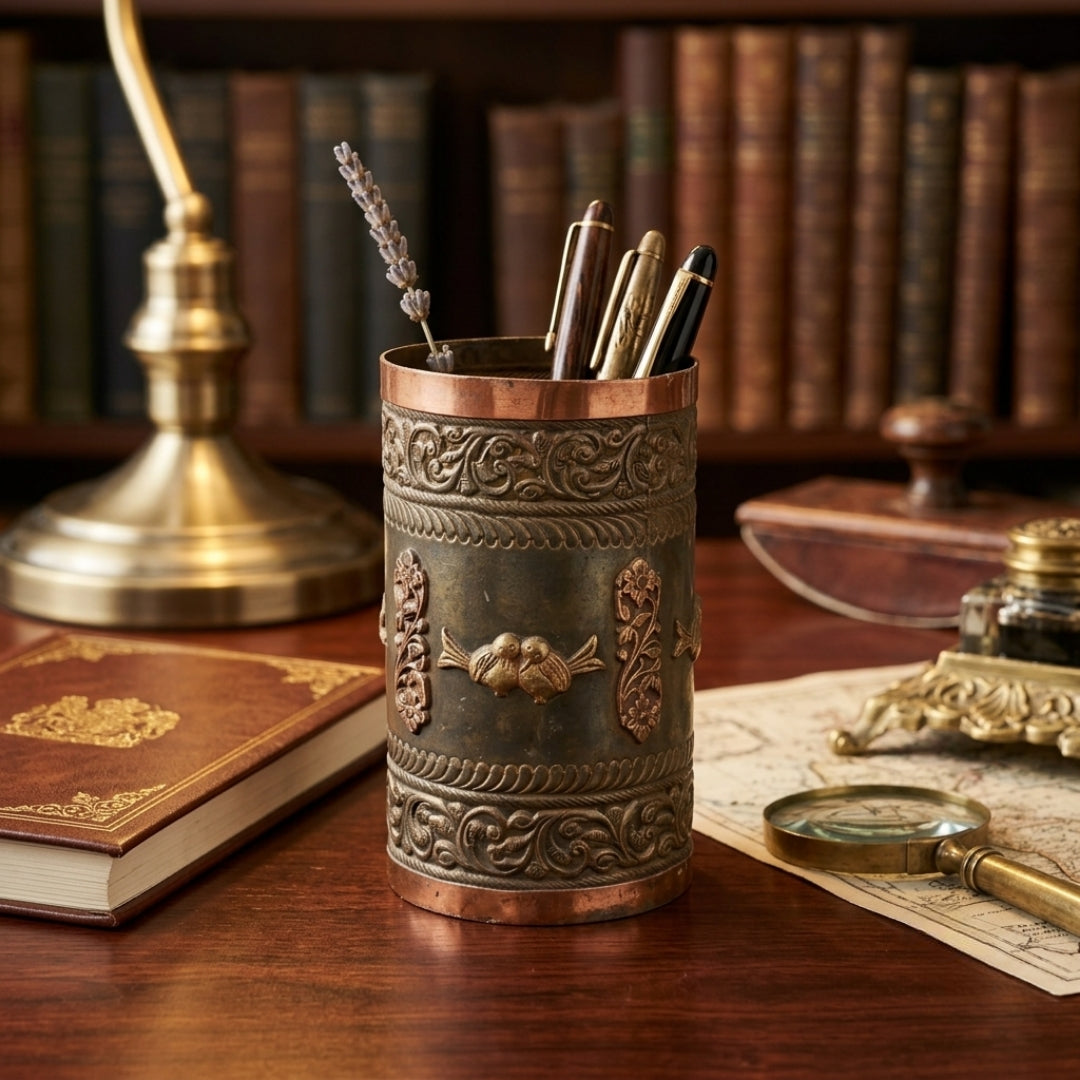 Antique Brass Engraved Pen Holder | Handcrafted Desktop Stand with Bird Motif | Made in 1970