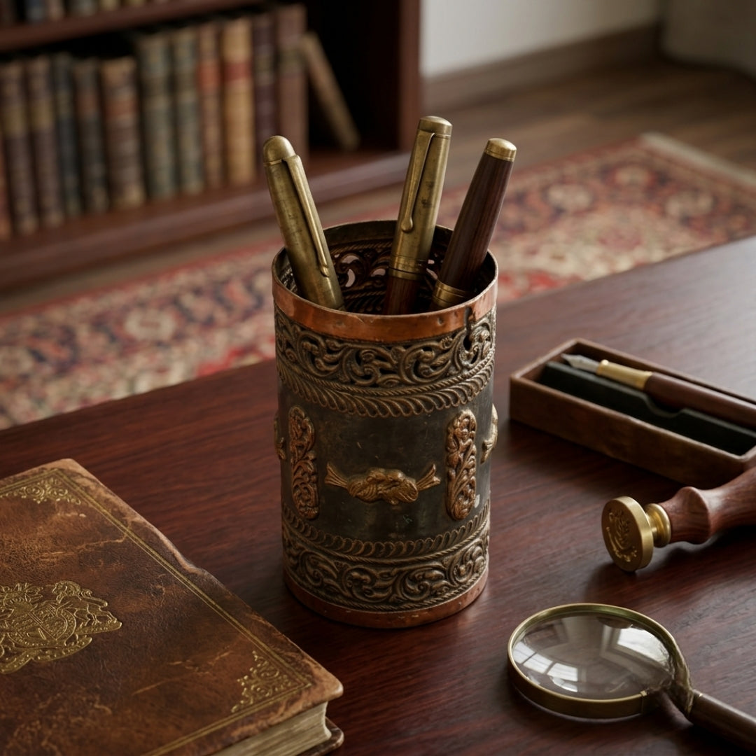Antique Brass Engraved Pen Holder | Handcrafted Desktop Stand with Bird Motif | Made in 1970