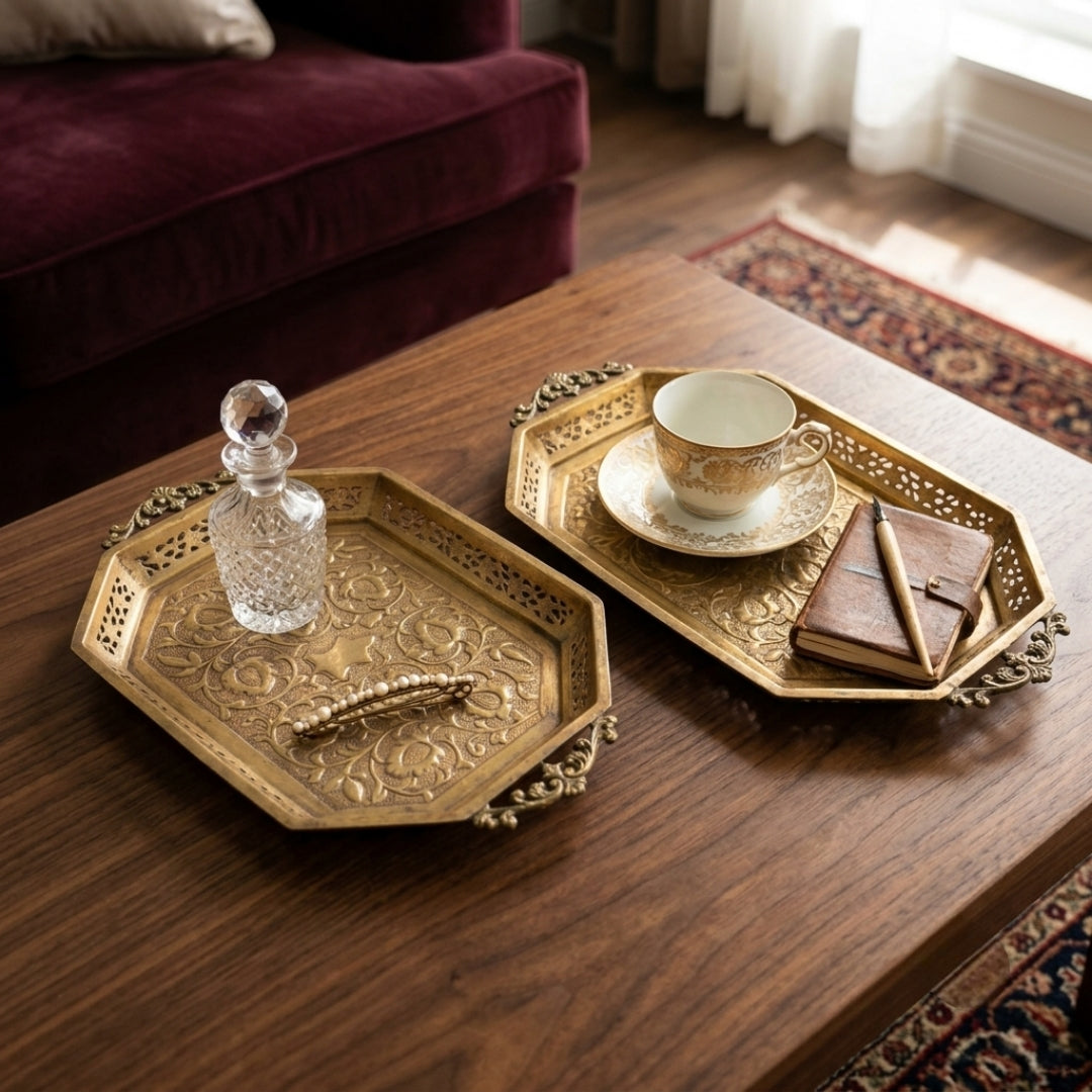 Antique Brass Engraved Serving Trays | Hand-Carved Floral Motif Set of 2 | Made in 1977