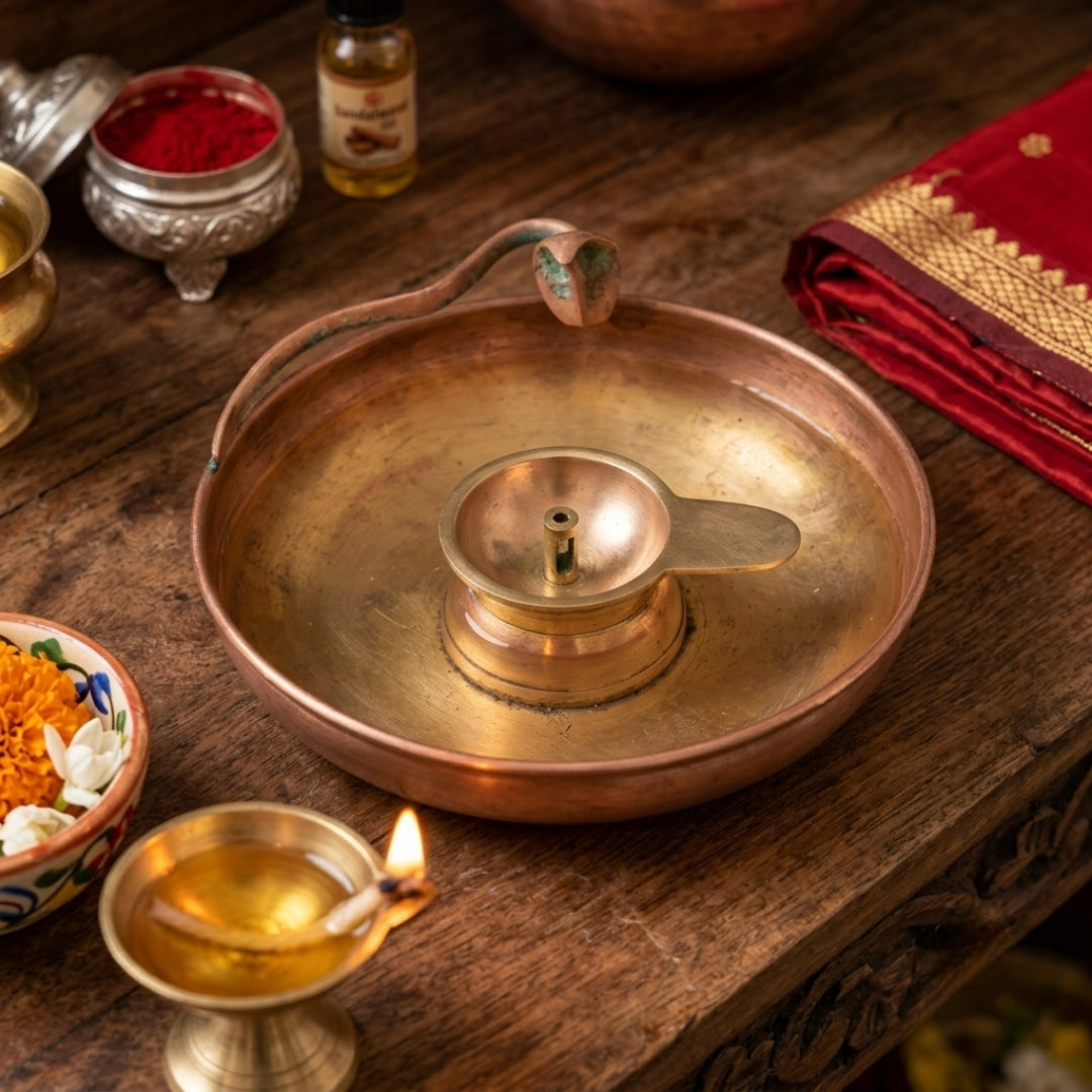 Antique Brass Snake Diya | Traditional Serpent Oil Lamp with Basin | Made in 1970