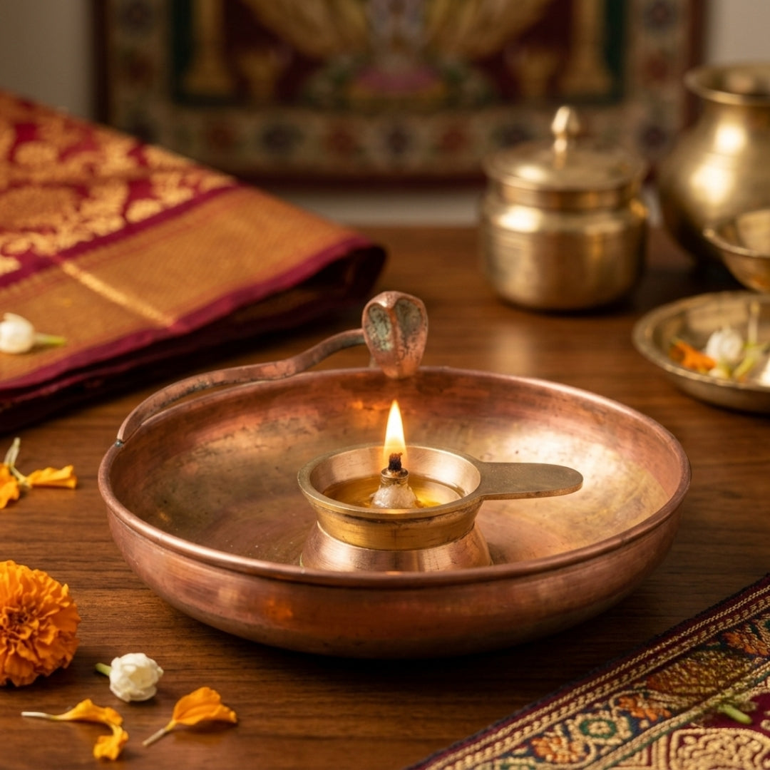 Antique Brass Snake Diya | Traditional Serpent Oil Lamp with Basin | Made in 1970