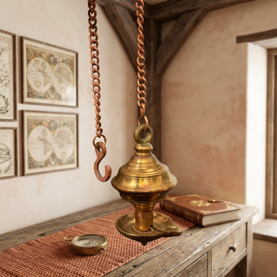 Antique Brass Hanging Diya | Traditional Oil Lamp with Chain | Made in 1974