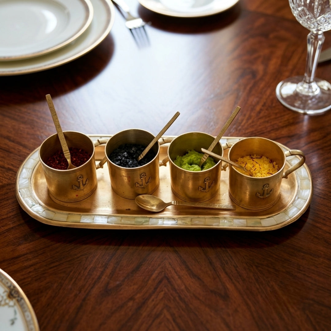 Antique Brass Spice & Condiment Server Set with Tray | Nautical Anchor Motif Set of 4 Cups | Made in 1972