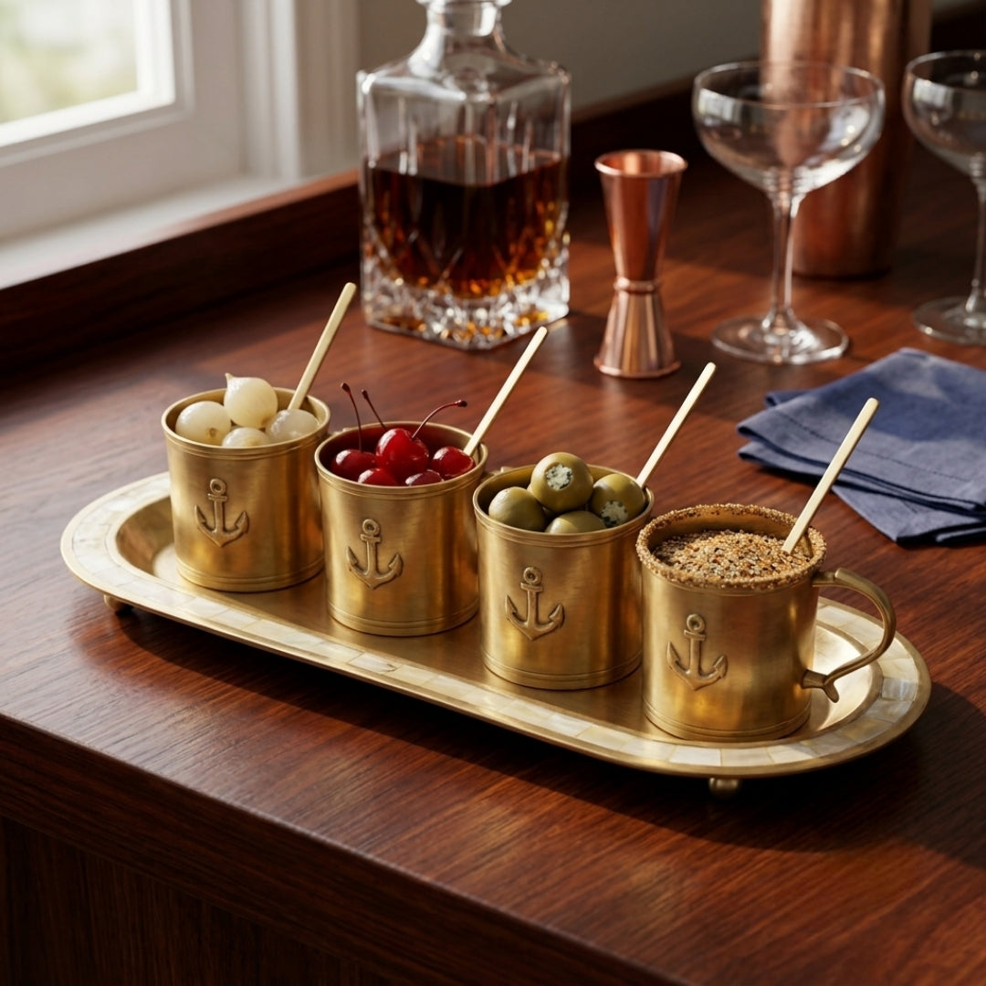 Antique Brass Spice & Condiment Server Set with Tray | Nautical Anchor Motif Set of 4 Cups | Made in 1972