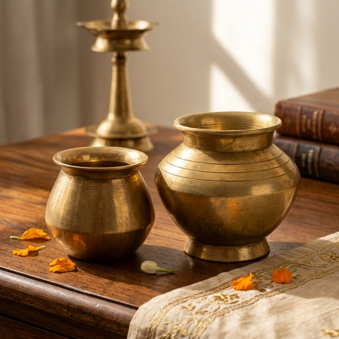 Antique Brass Kalash Pair | Handcrafted Sacred Water Pots | Made in 1975