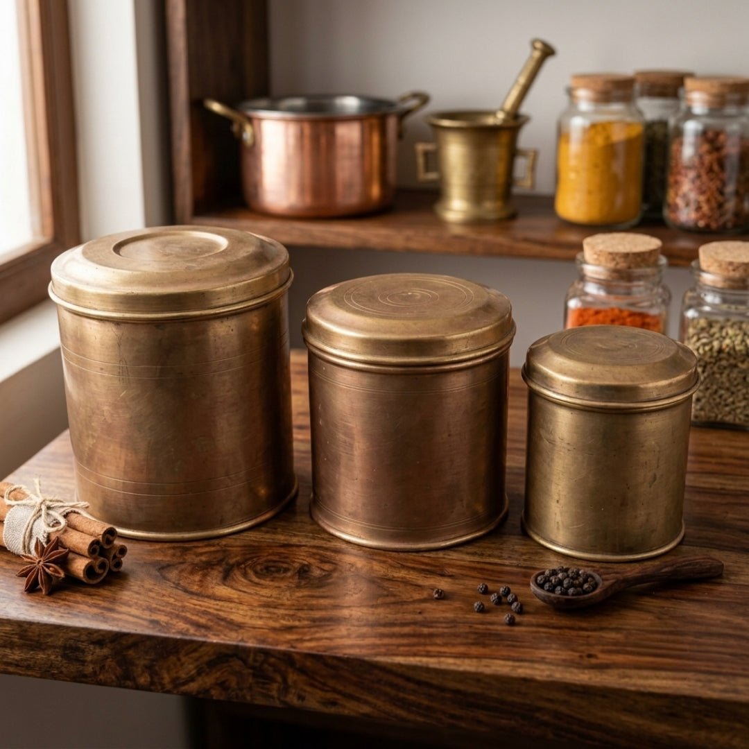 Antique Brass Storage Canister Containers Set of 3 | Handcrafted Kitchen Storage Jars | Made in 1978