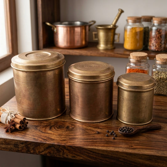 Antique Brass Storage Canister Containers Set of 3 | Handcrafted Kitchen Storage Jars | Made in 1978 - Bombay Antiques