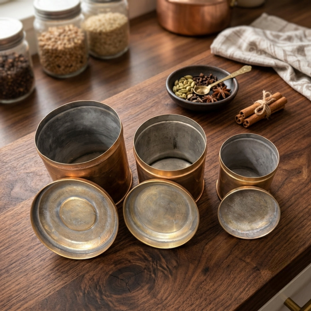 Antique Brass Storage Canister Containers Set of 3 | Handcrafted Kitchen Storage Jars | Made in 1978