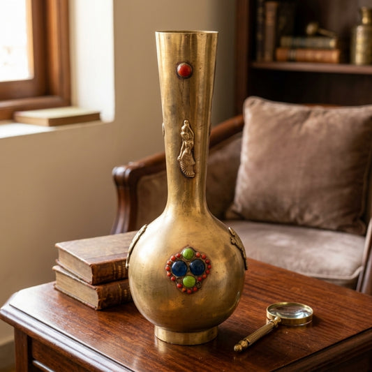 Antique Brass Gemstone Inlaid Decorative Vase | Decorative Brass Flower Vase | Made in 1973