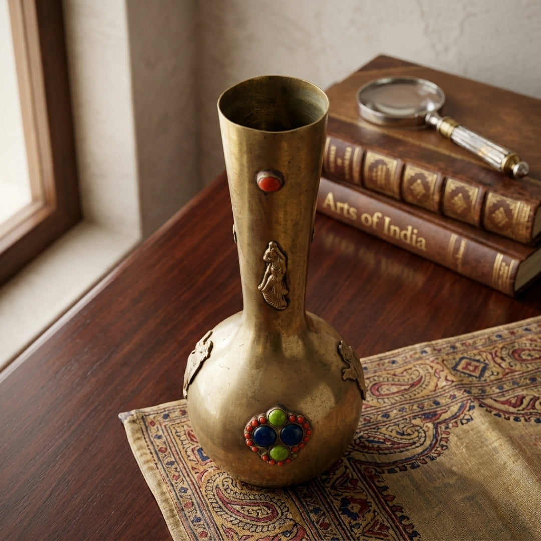 Antique Brass Gemstone Inlaid Decorative Vase | Decorative Brass Flower Vase | Made in 1973