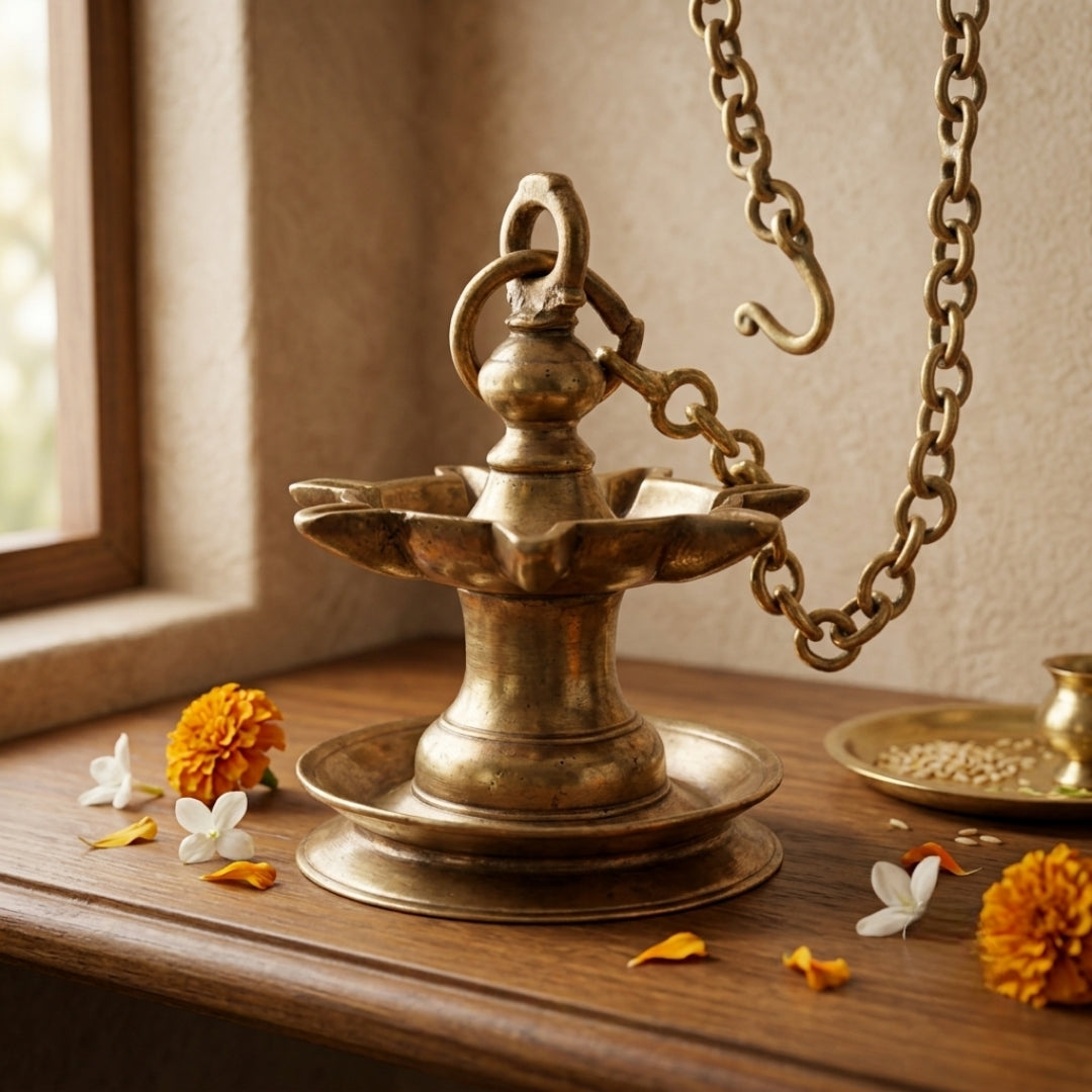 Antique Brass Hanging Laman Diva Oil Lamp with Chain | Traditional Hanging Oil Diya | Made in 1978