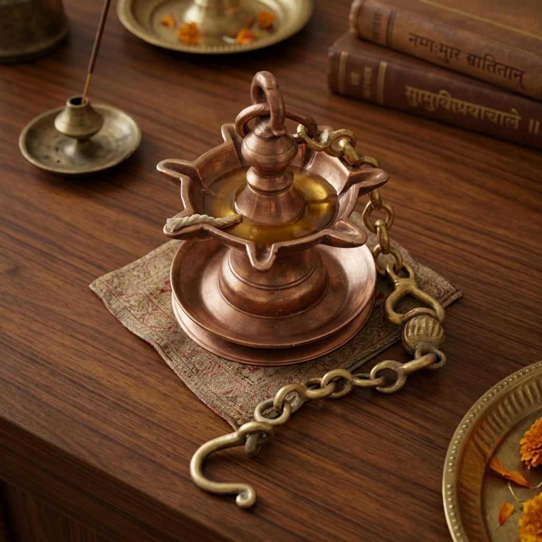 Antique Brass Hanging Laman Diva Oil Lamp with Chain | Traditional Hanging Oil Diya | Made in 1978
