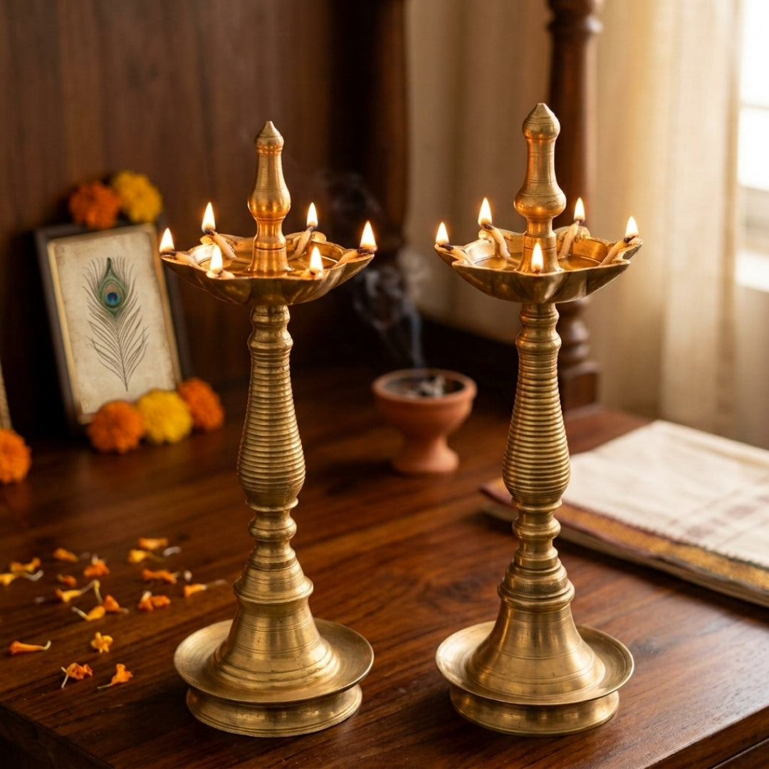 Antique Brass Samay Oil Lamp Pair | Traditional Standing Brass Diya | Made in 1980