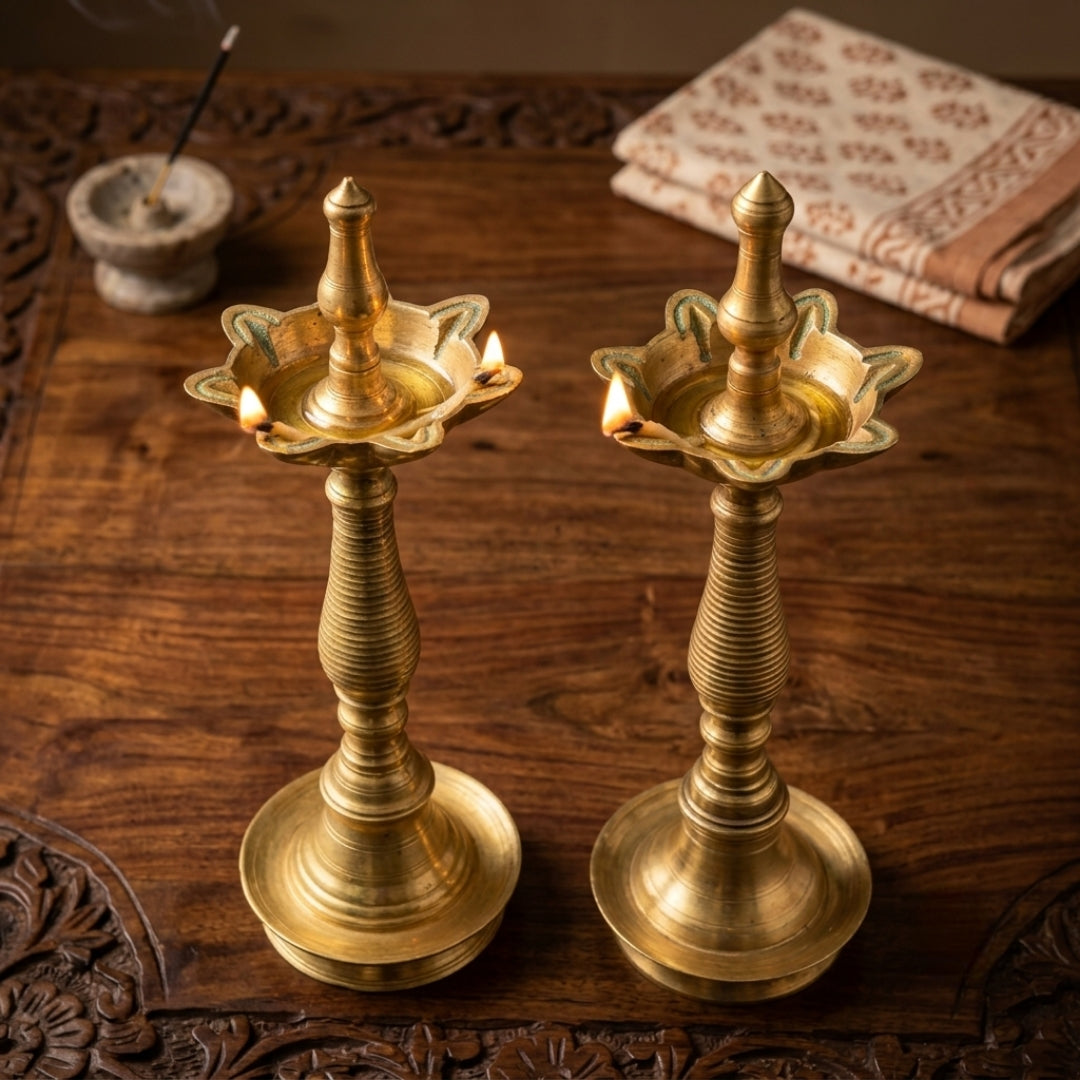 Antique Brass Samay Oil Lamp Pair | Traditional Standing Brass Diya | Made in 1980
