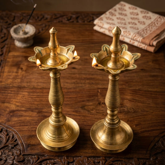 Antique Brass Samay Oil Lamp Pair | Traditional Standing Brass Diya | Made in 1980