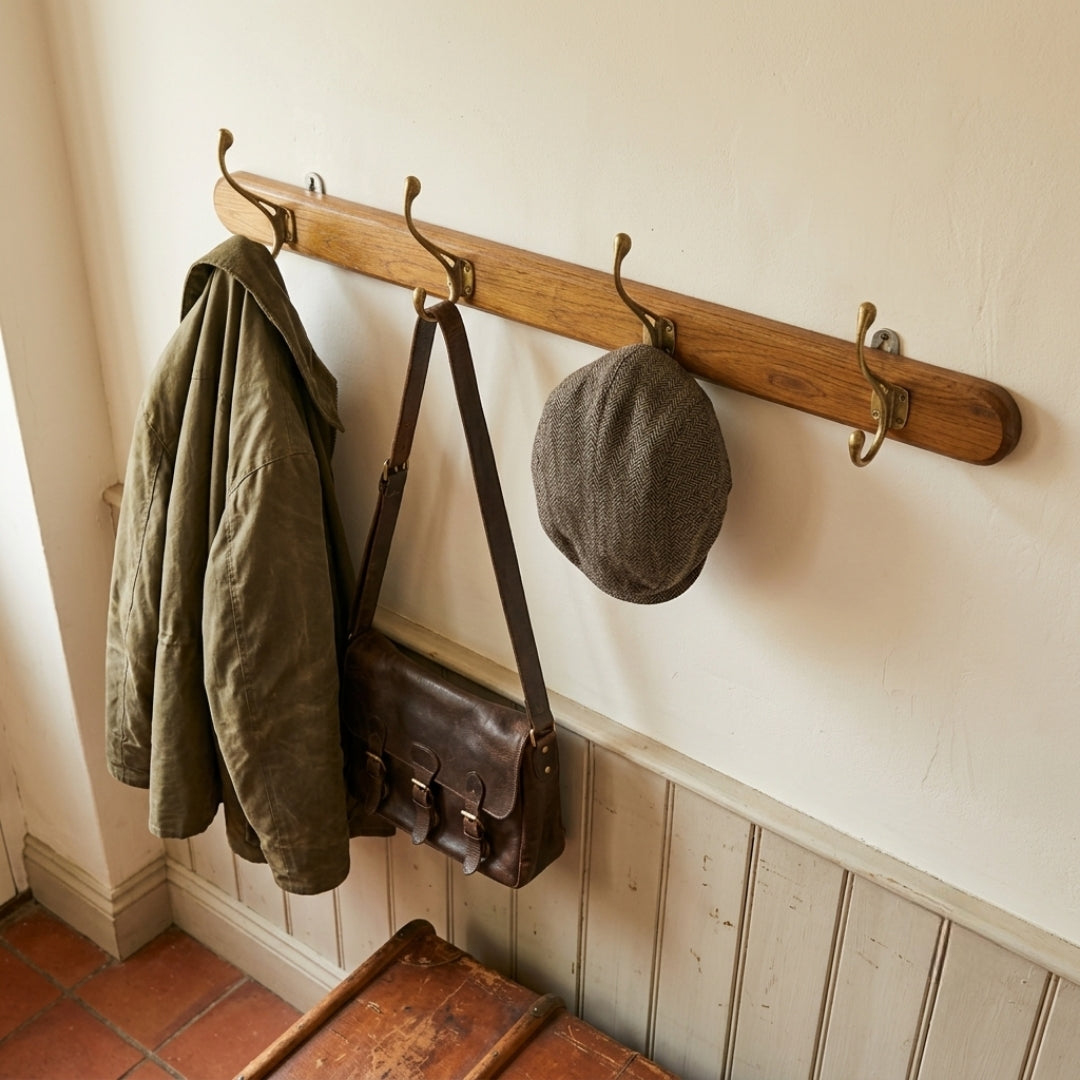 Vintage Teakwood Wall Coat Hanger Rack with Brass Hooks | Decorative Vintage Wooden Wall Mount Peg Rail | Made in 1980