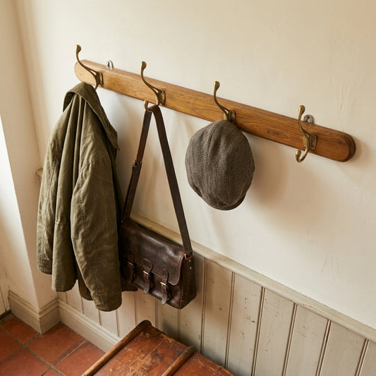 Vintage Teakwood Wall Coat Hanger Rack with Brass Hooks | Decorative Vintage Wooden Wall Mount Peg Rail | Made in 1980