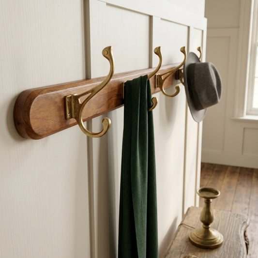 Vintage Teakwood Wall Coat Hanger Rack with Brass Hooks | Decorative Vintage Wooden Wall Mount Peg Rail | Made in 1980
