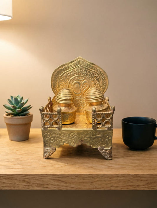 Antique Brass Engraved Throne Stand with Miniature Kalash Vessels | Handcrafted Decorative Pedestal Set | Made in 1975